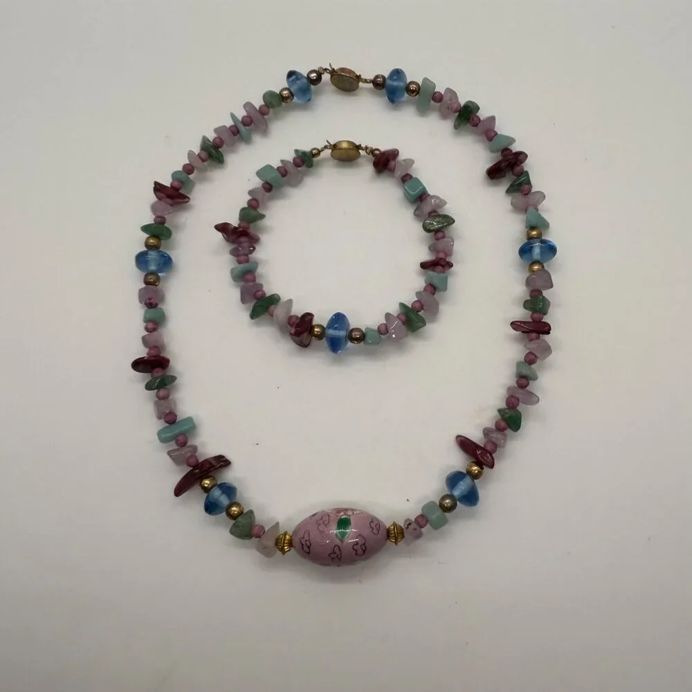 Cloisonné Bead Necklace with Multicolor Natural Stone & Glass and Bracelet - Picture 15 of 16